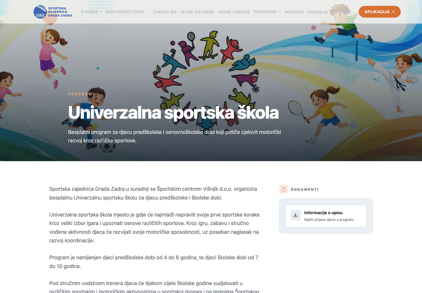 Stranica Univerzalne sportske škole na webu SZGZ-a