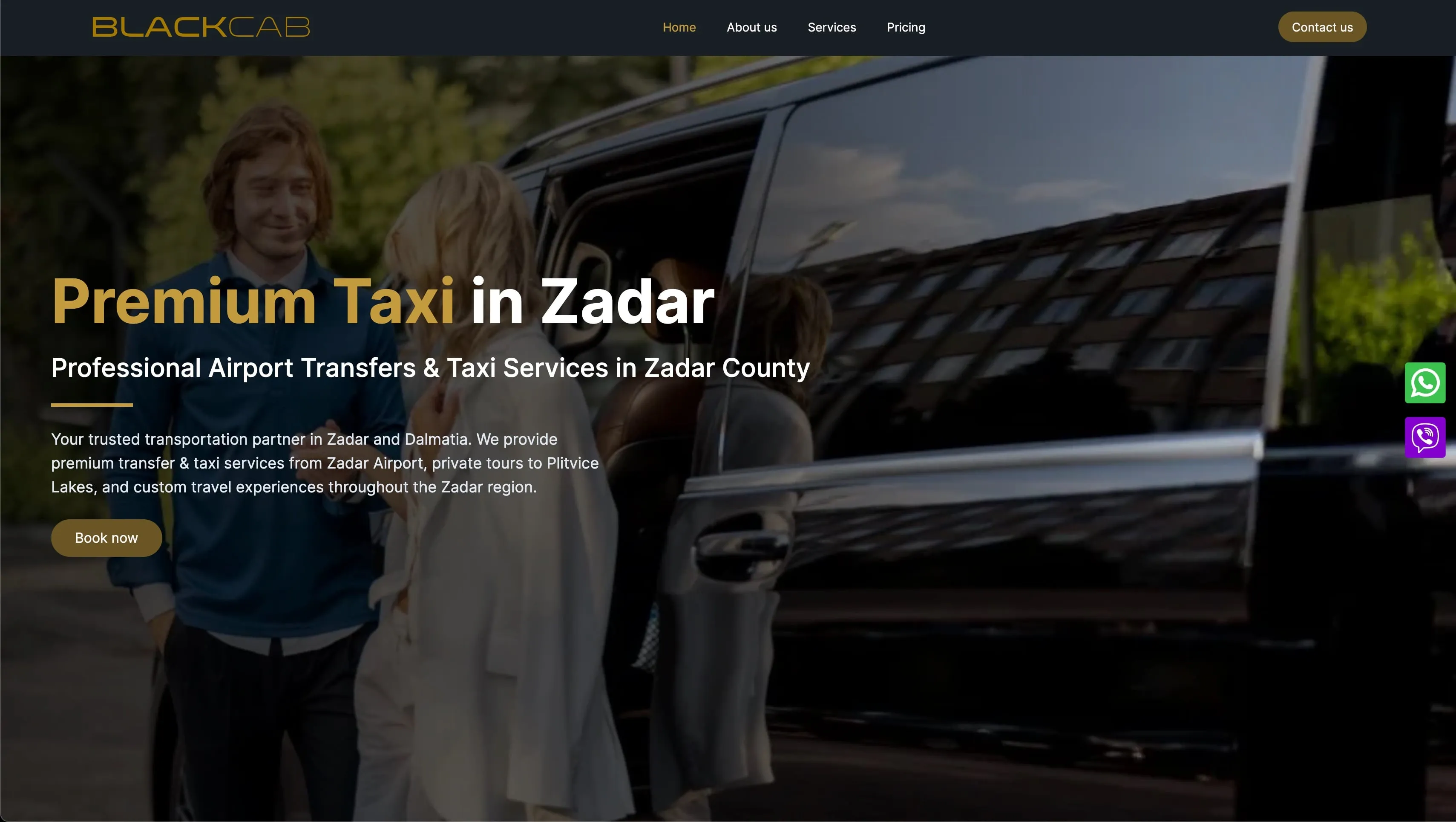 Naslovna stranica Black Cab s natpisom Premium Taxi in Zadar i fotografijom crnog vozila