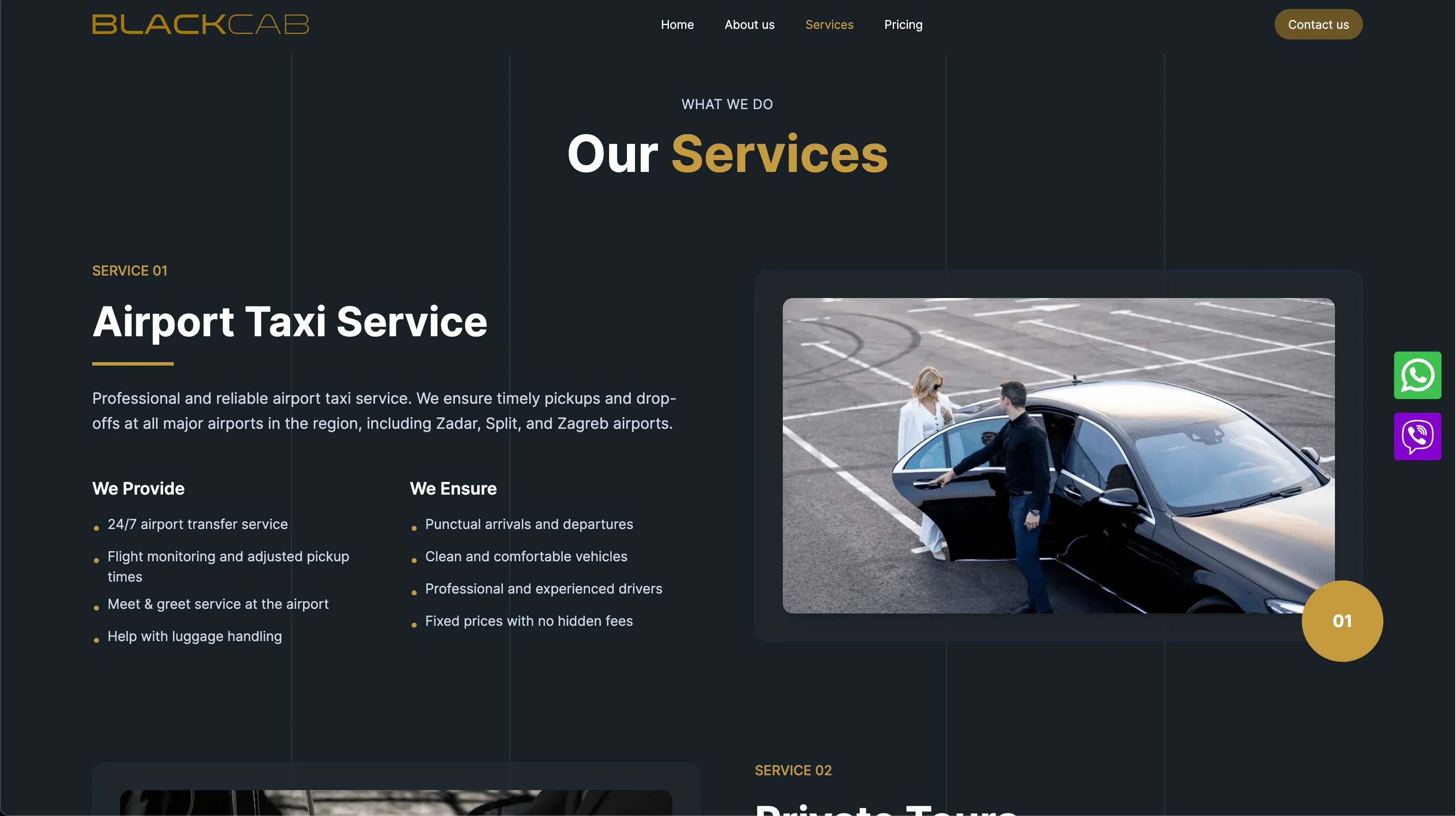 Stranica usluga s opisom Airport Taxi Service i fotografijom vozača uz crni automobil