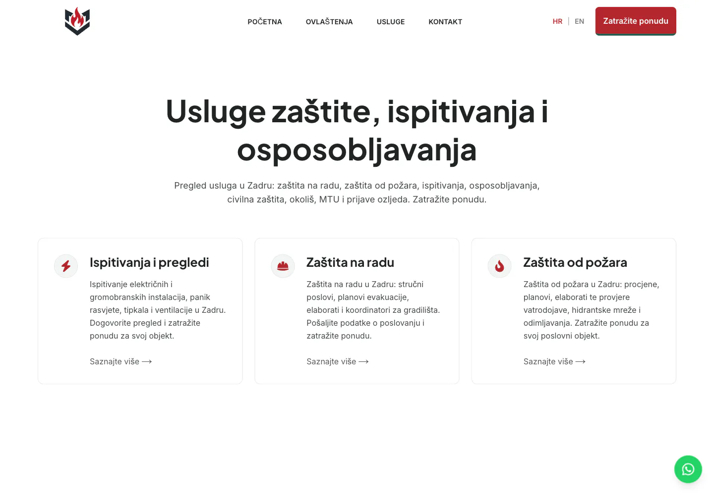 Pregled usluga zaštite i ispitivanja na stranici Mala Vrulja