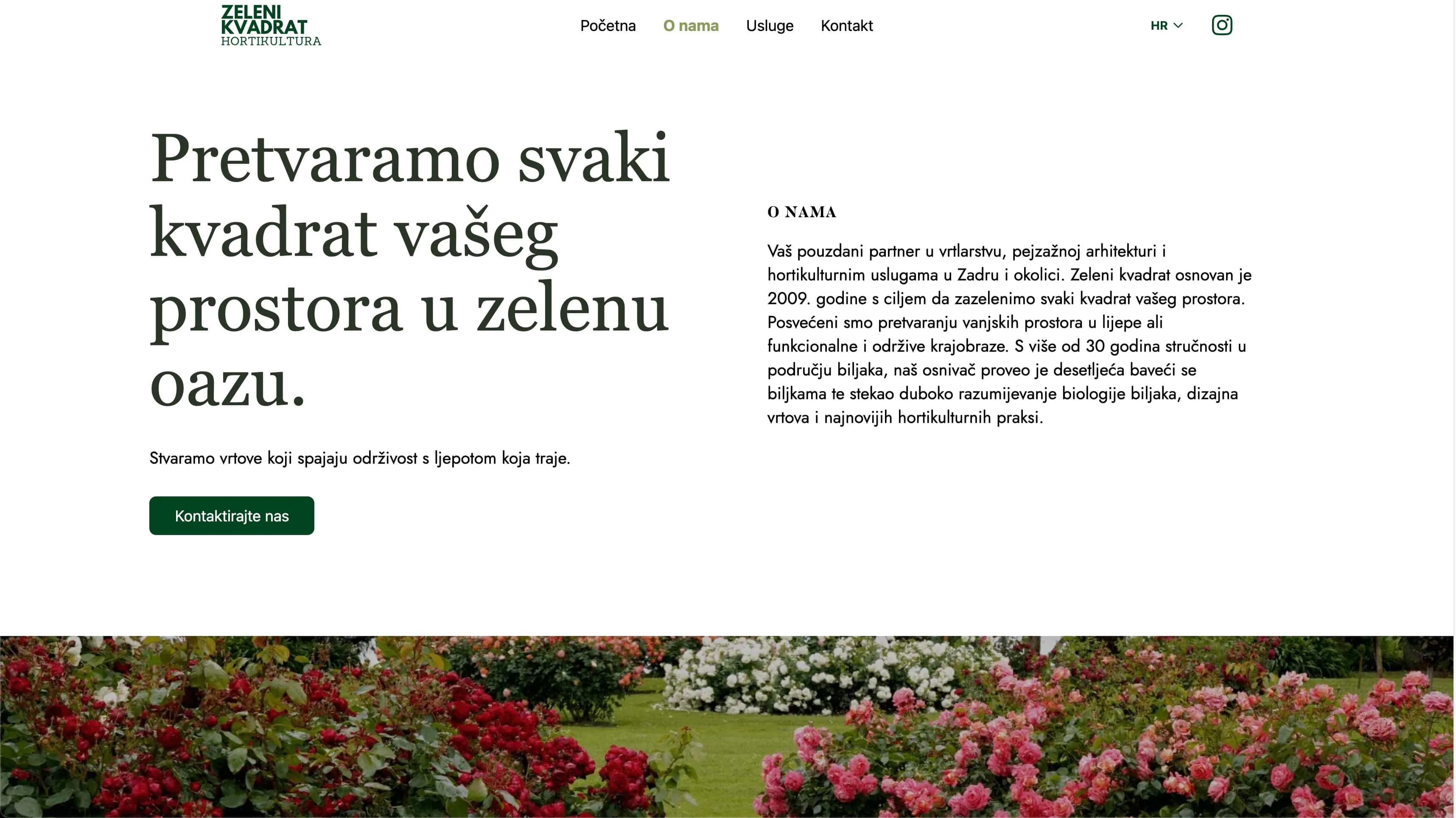 Stranica O nama na hrvatskom, s naslovom o zelenoj oazi i fotografijom ružičnjaka