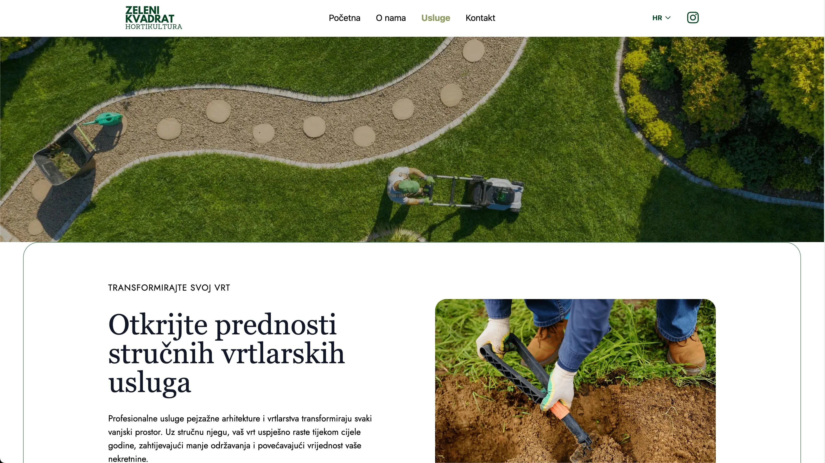 Stranica Usluge s pogledom odozgo na kosnju travnjaka i fotografijom rada u vrtu