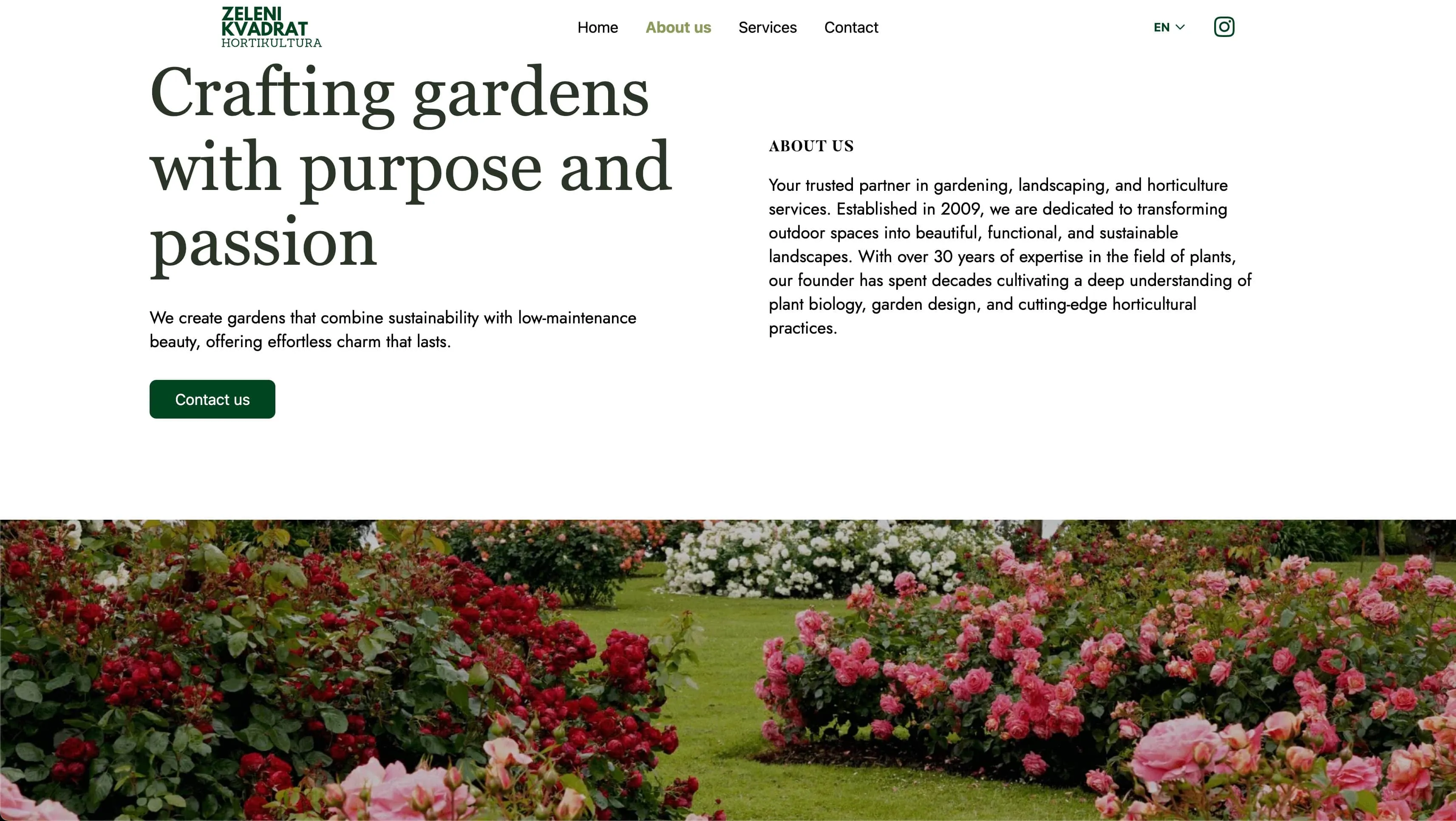 Engleska stranica About us s naslovom Crafting gardens with purpose and passion